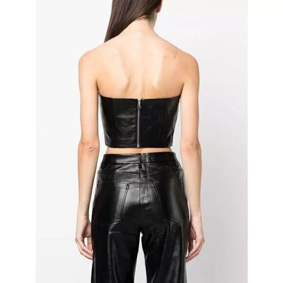 ROTATE BIRGER CHRISTENSEN Emili Crop Top Faux Leather Black Logo-Embossed Size 4 - Picture 2 of 6